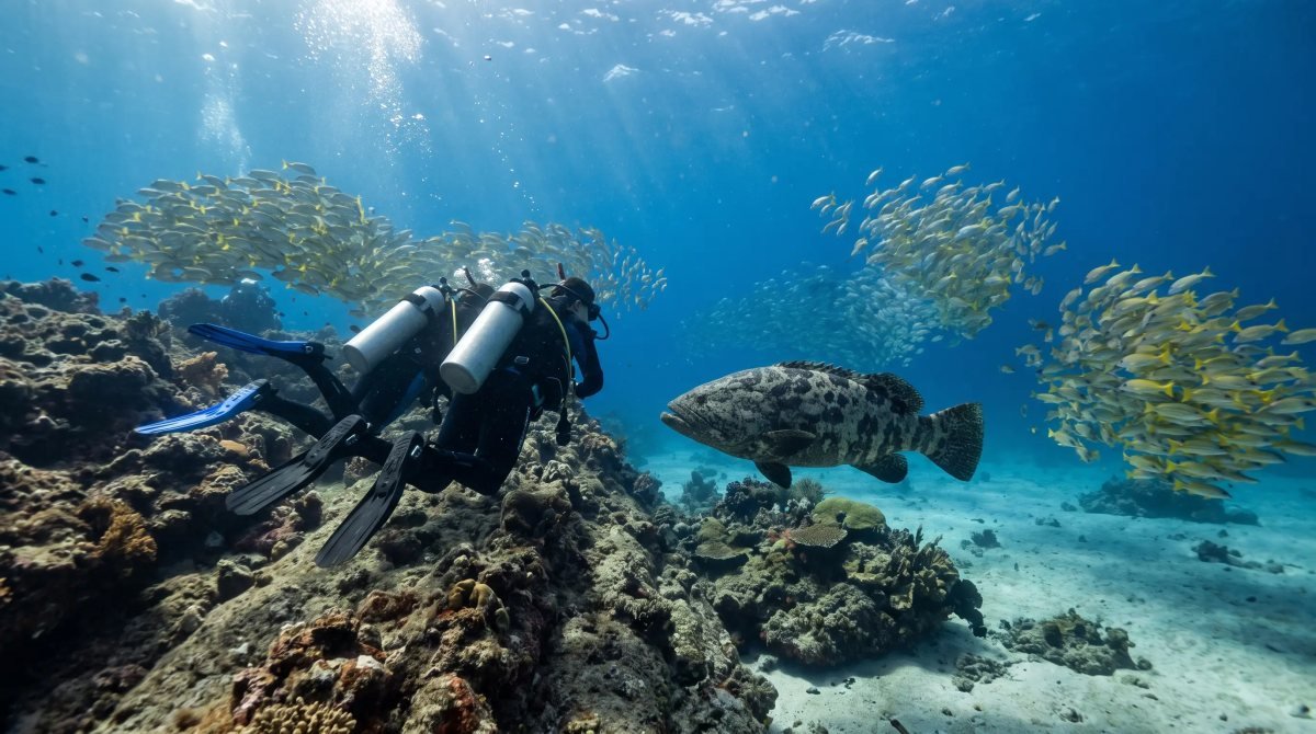 Scuba diver beside a large grouper and clouds of yellow snapper over the reef in the Sea of Cortez, Cabo Pulmo